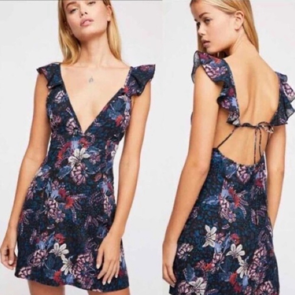 Free People Josie Mixed Floral Deep V Neck Mini Dress